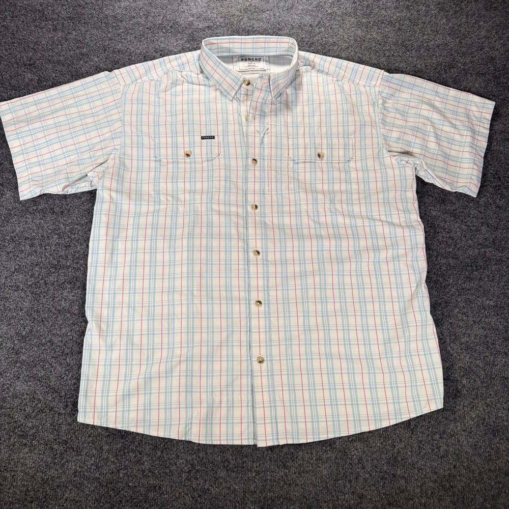 Poncho Outdoors The Double Haul Short Sleeve Button-Down XL Blue Plaid